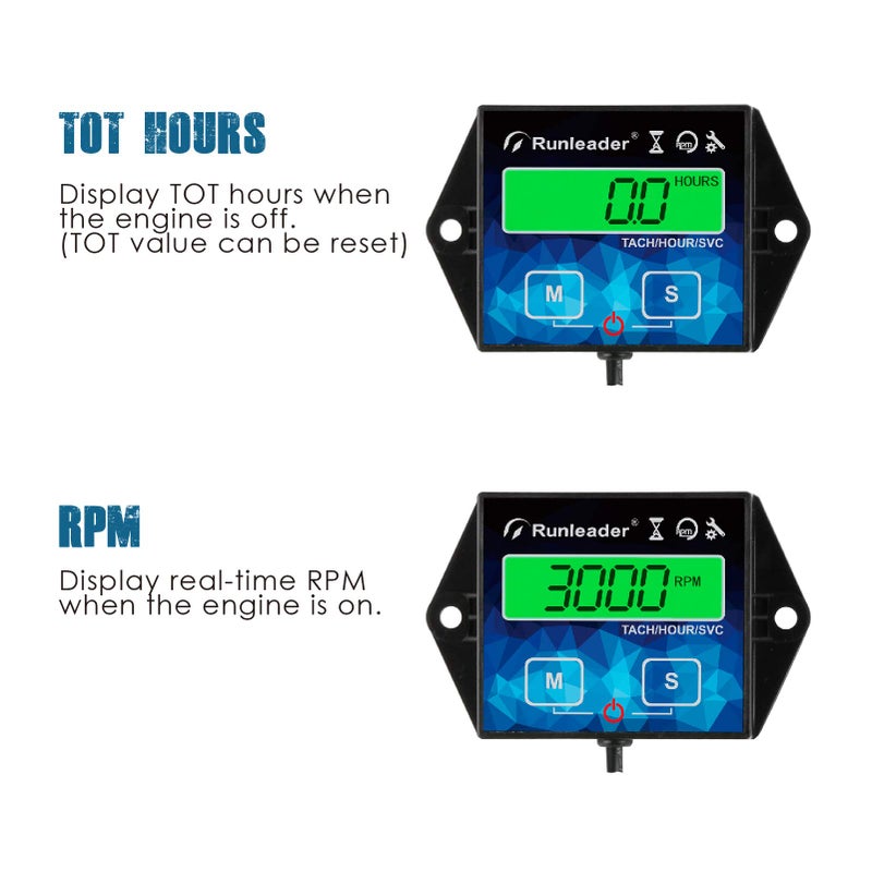 Runleader Backlight Hour Meter Tachometer, Maintenance Reminder, Battery Replaceable, User Shutdown,Use for Lawn Mower Tractor Generator Marine Outboard ATV Motor Snowmobile and Gas Powered Equipment - Image 2